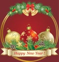 Happy New Year 2024. Festive background with Christmas balls and bells on fir branches, decorated ribbon with congratulations Royalty Free Stock Photo